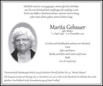 Traueranzeige von Marita Gebauer von Zeitung am Sonntag