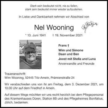 Traueranzeige von Nel Wooning von Zeitung am Sonntag