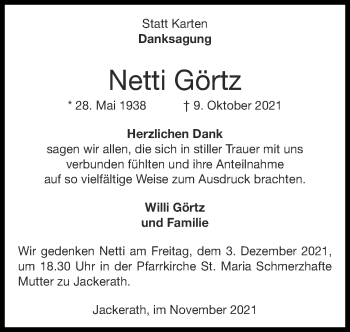 Traueranzeige von Netti Görtz von Zeitung am Sonntag