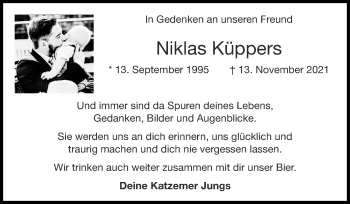 Traueranzeige von Niklas Küppers von Zeitung am Sonntag