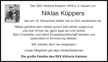 Traueranzeige von Niklas Küppers von Zeitung am Sonntag