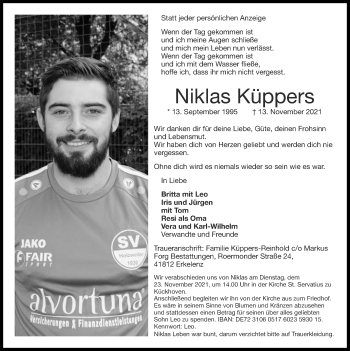 Traueranzeige von Niklas Küppers von Zeitung am Sonntag