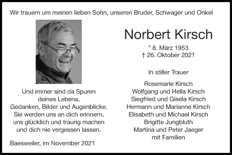  Traueranzeige für Norbert Kirsch vom 07.11.2021 aus Zeitung am Sonntag