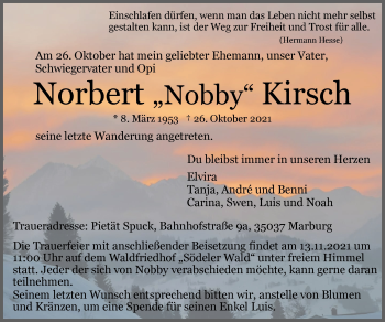 Traueranzeige von Norbert Kirsch von Zeitung am Sonntag