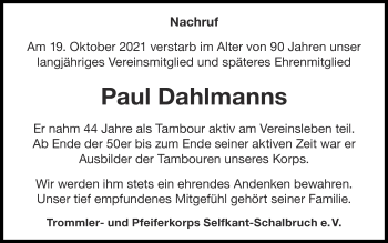 Traueranzeige von Paul Dahlmanns von Zeitung am Sonntag
