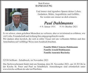 Traueranzeige von Paul Dahlmanns von Zeitung am Sonntag