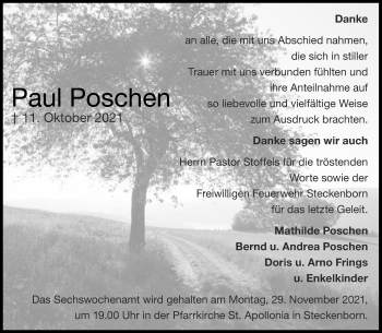 Traueranzeige von Paul Poschen von Aachener Zeitung / Aachener Nachrichten