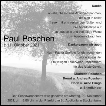 Traueranzeige von Paul Poschen von Zeitung am Sonntag