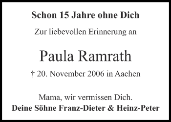 Traueranzeige von Paula Ramrath von Aachener Zeitung / Aachener Nachrichten