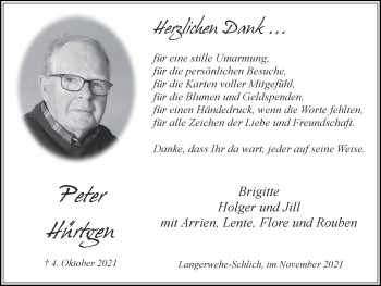 Traueranzeige von Peter Hürtgen von Zeitung am Sonntag