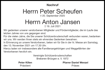 Traueranzeige von Peter Scheufen von Zeitung am Sonntag