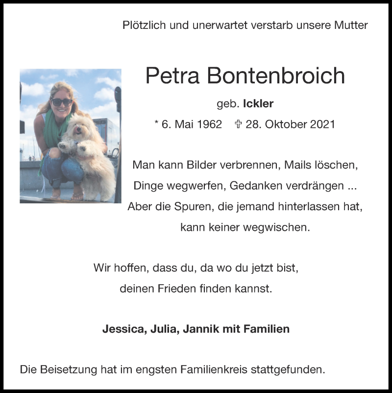  Traueranzeige für Petra Bontenbroich vom 14.11.2021 aus Zeitung am Sonntag