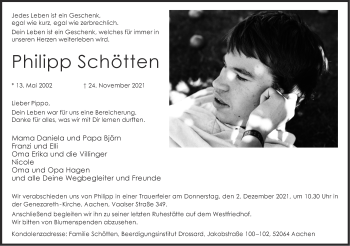 Traueranzeige von Philipp Schötten von Aachener Zeitung / Aachener Nachrichten