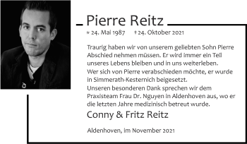Traueranzeige von Pierre Reitz von Zeitung am Sonntag