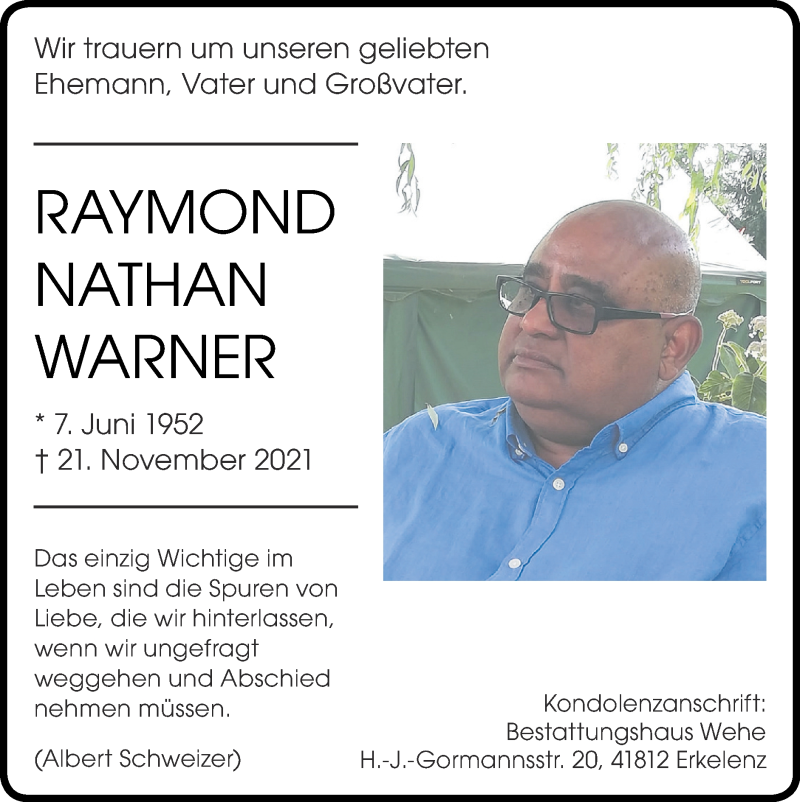  Traueranzeige für Raymond Nathan Warner vom 28.11.2021 aus Zeitung am Sonntag