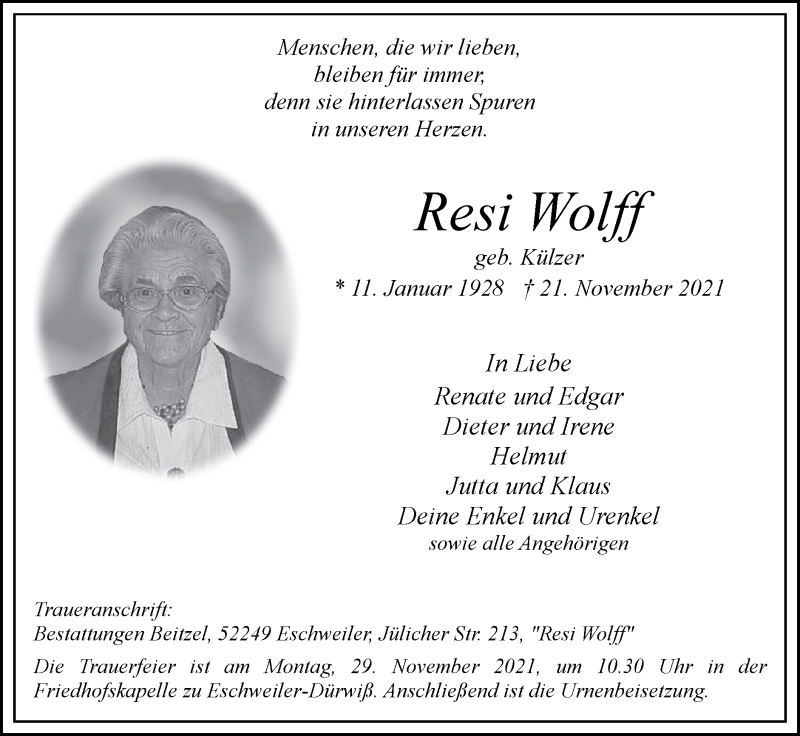  Traueranzeige für Resi Wolff vom 28.11.2021 aus Zeitung am Sonntag