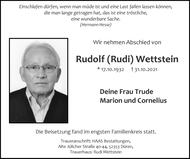  Traueranzeige für Rudolf Wettstein vom 21.11.2021 aus Zeitung am Sonntag