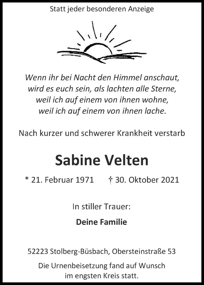  Traueranzeige für Sabine Velten vom 21.11.2021 aus Zeitung am Sonntag