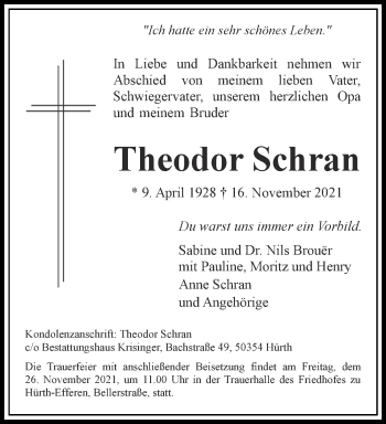 Traueranzeige von Theodor Schran von Aachener Zeitung / Aachener Nachrichten