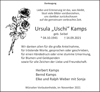 Traueranzeige von Ursula Kamps von Zeitung am Sonntag
