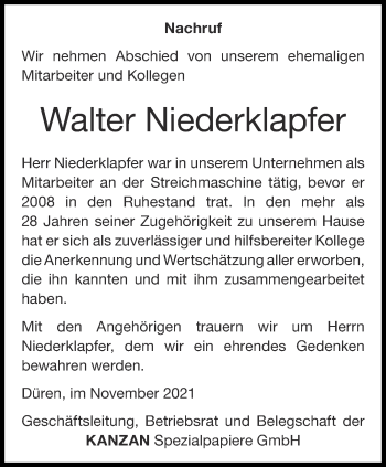 Traueranzeige von Walter Niederklapfer von Aachener Zeitung / Aachener Nachrichten