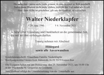 Traueranzeige von Walter Niederklapfer von Aachener Zeitung / Aachener Nachrichten