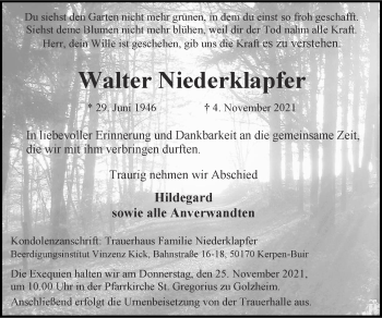 Traueranzeige von Walter Niederklapfer von Zeitung am Sonntag