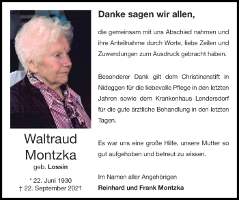 Traueranzeige von Waltraud Montzka von Zeitung am Sonntag