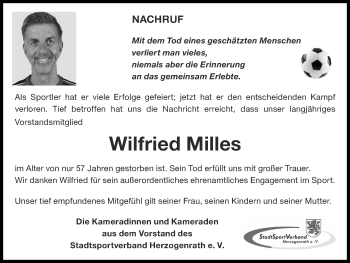 Traueranzeige von Wilfried Milles von Zeitung am Sonntag