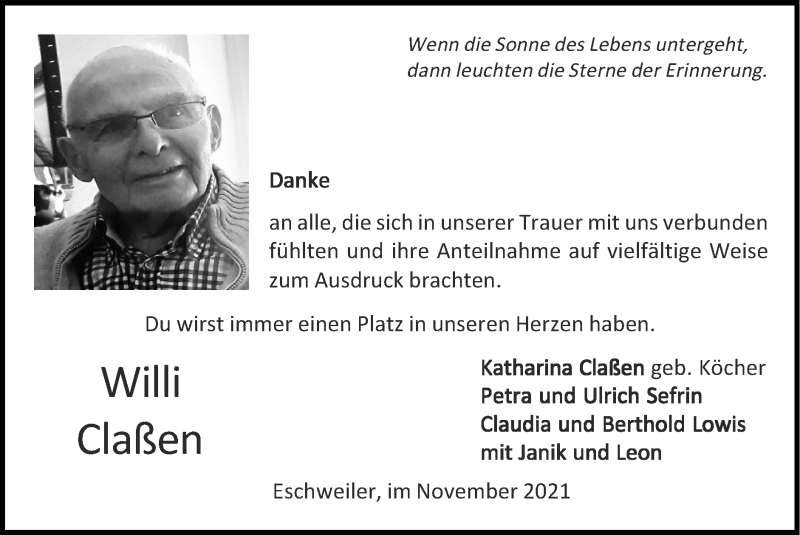  Traueranzeige für Willi Claßen vom 28.11.2021 aus Zeitung am Sonntag