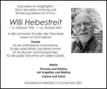 Traueranzeige von Willi Hebestreit von Zeitung am Sonntag