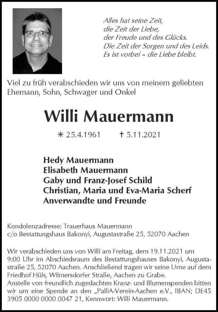  Traueranzeige für Willi Mauermann vom 13.11.2021 aus Aachener Zeitung / Aachener Nachrichten