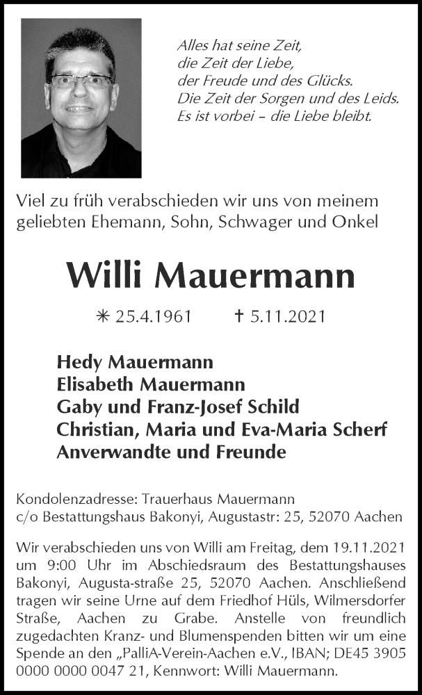  Traueranzeige für Willi Mauermann vom 14.11.2021 aus Zeitung am Sonntag