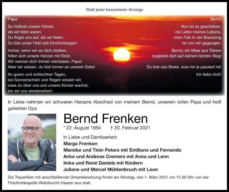  Traueranzeige für Bernd Frenken vom 11.04.2021 aus 