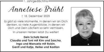 Traueranzeige von Anneliese Brühl von Zeitung am Sonntag
