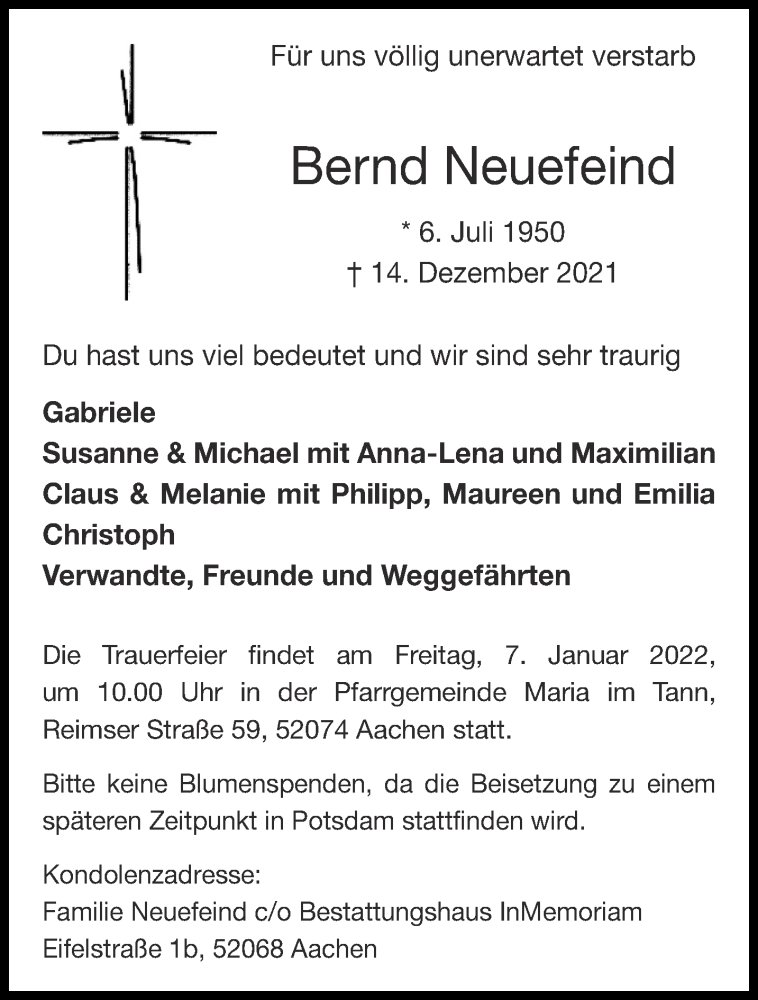  Traueranzeige für Bernd Neuefeind vom 18.12.2021 aus Aachener Zeitung / Aachener Nachrichten