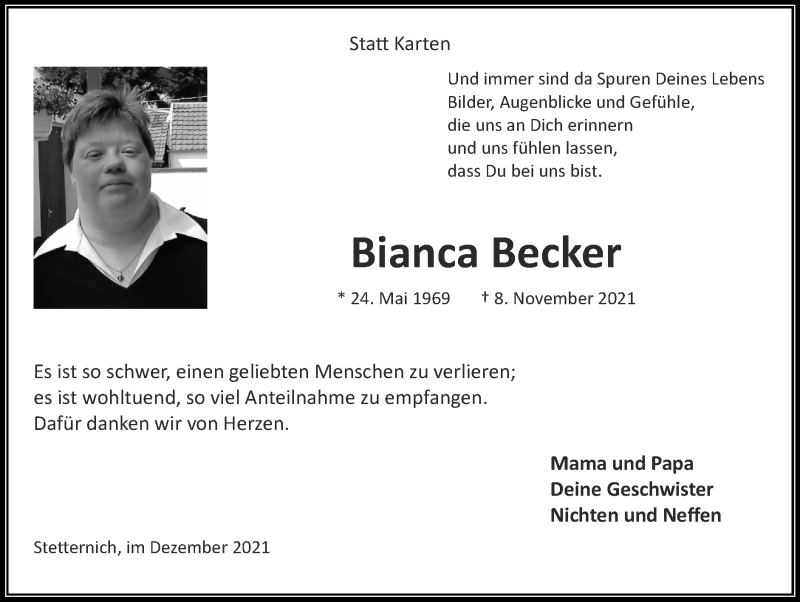  Traueranzeige für Bianca Becker vom 12.12.2021 aus Zeitung am Sonntag