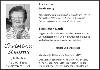 Traueranzeige von Christina Simons von Zeitung am Sonntag