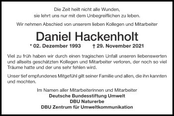 Traueranzeige von Daniel Hackenholt von Zeitung am Sonntag