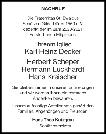 Traueranzeige von Die Fraternitas St. EwaldusSchützen Gilde Düren 1560 e. V. gedenken von Zeitung am Sonntag