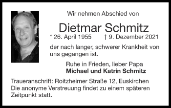 Traueranzeige von Dietmar Schmitz von Zeitung am Sonntag