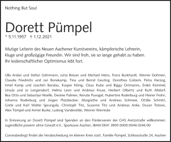 Traueranzeige von Dorett Pümpel von Aachener Zeitung / Aachener Nachrichten