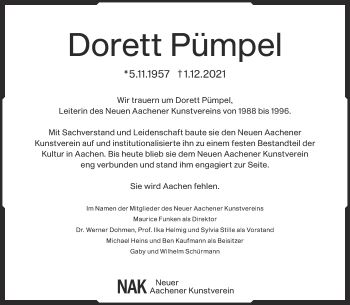 Traueranzeige von Dorett Pümpel von Aachener Zeitung / Aachener Nachrichten