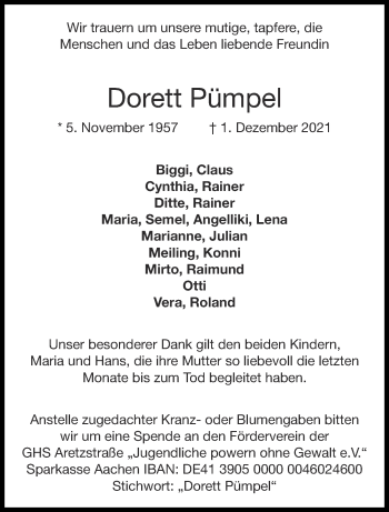 Traueranzeige von Dorett Pümpel von Aachener Zeitung / Aachener Nachrichten