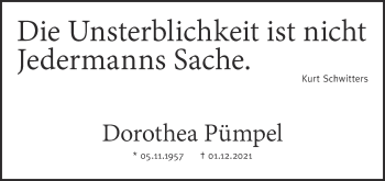 Traueranzeige von Dorothea Pümpel von Aachener Zeitung / Aachener Nachrichten