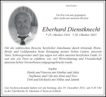Traueranzeige von Eberhard Dienstknecht von Zeitung am Sonntag