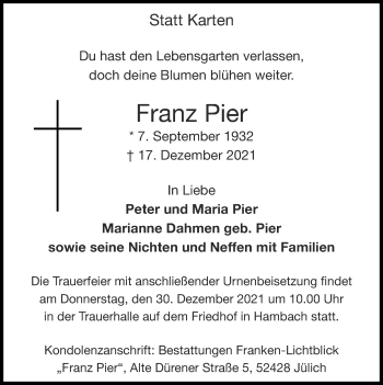 Traueranzeige von Franz Pier von Zeitung am Sonntag