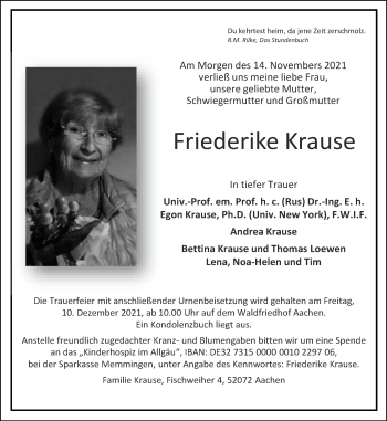 Traueranzeige von Friederike Krause von Aachener Zeitung / Aachener Nachrichten