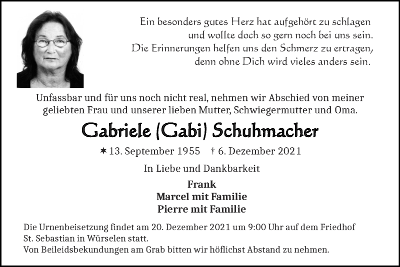  Traueranzeige für Gabriele Schuhmacher vom 12.12.2021 aus Zeitung am Sonntag