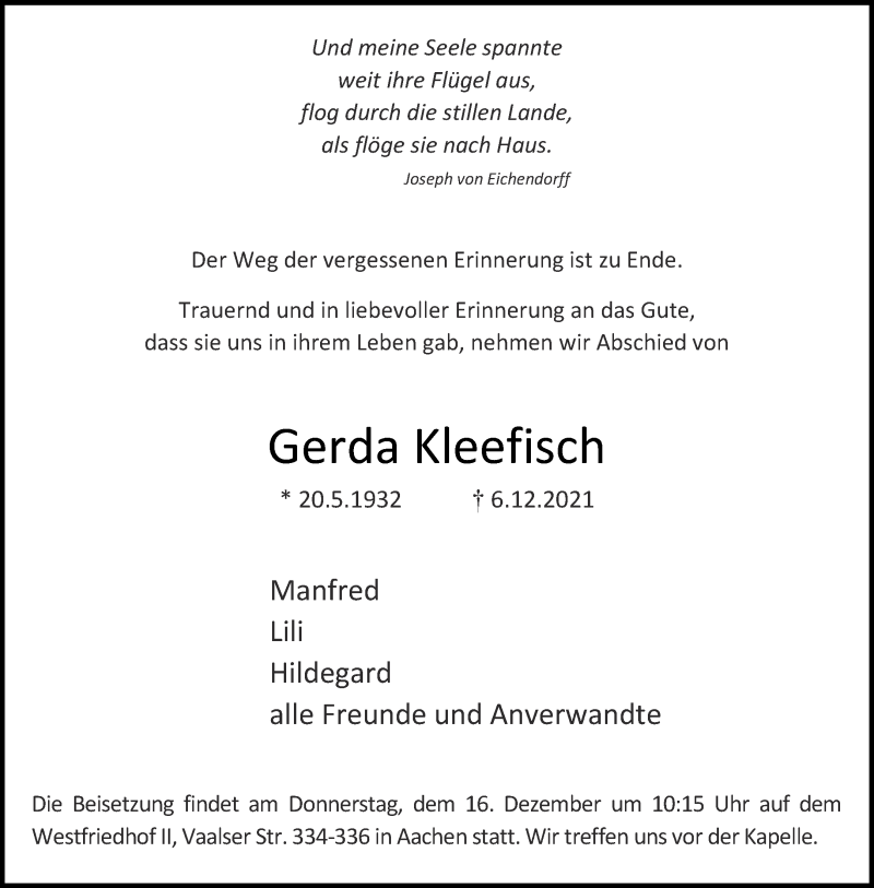  Traueranzeige für Gerda Kleefisch vom 11.12.2021 aus Aachener Zeitung / Aachener Nachrichten